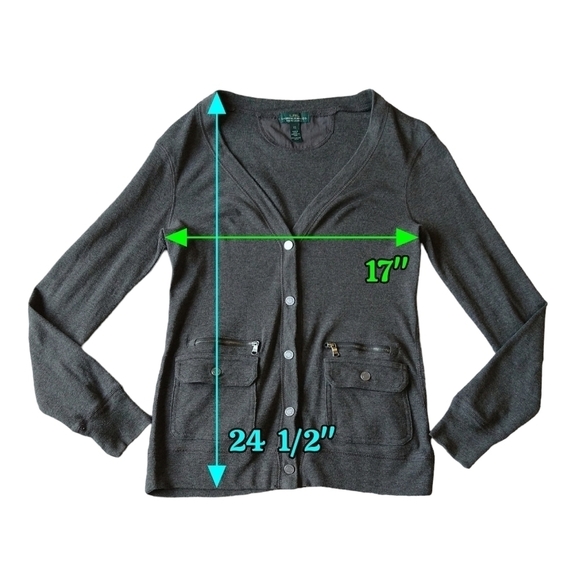 Lauren Jeans Co. 100% Cotton Heather Gray V-Neck Snap Cardigan Zip Pockets - Picture 3 of 7